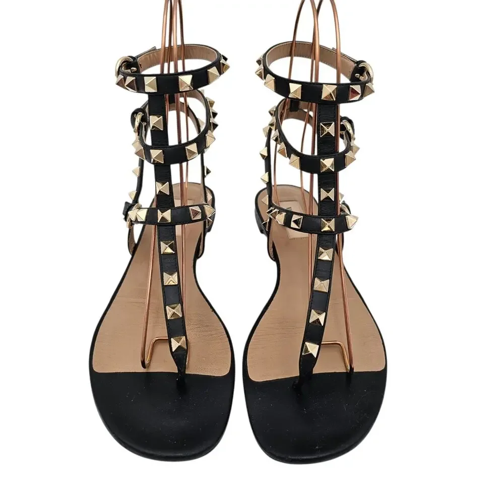 Valentino Garavani Rockstud Black Leather Cage Gladiator Flat Sandal Size 39 9